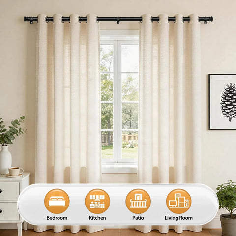 Telescoping Curtain Rod Adjustable From 32 To 58 Inches And 20 To 53 Inches Splicing Design Three Quarters Inch Drapery Rod In Black With Small Cap Finial For Easy End Slide And No Fuss Window Fit in living room setting with curtains.