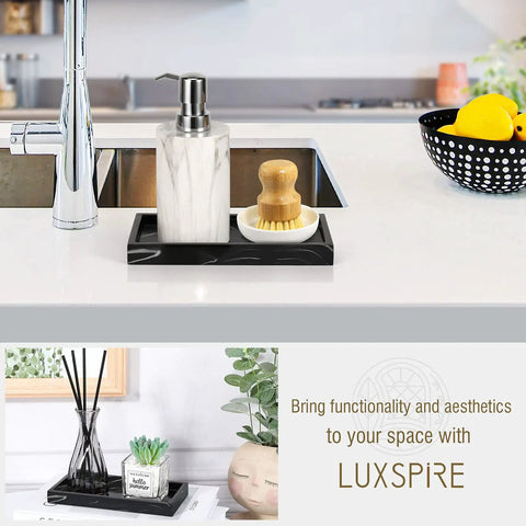 Keep Your Counter Slick Using This Solid Resin Vanity Tray Mini Ink Black Soap Dispenser Stand And Jewelry Catchall For Kitchen Organization Durable Build That Gonna Serve You Right, 7x4 inch black resin tray with soap dispenser and brush.