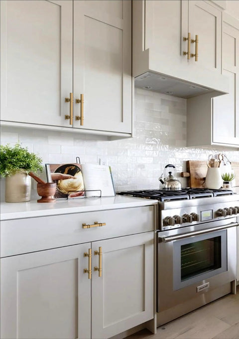 Champagne Bronze Cabinet Pulls 3 Inch 76mm 10 Pack Honey Bronze Kitchen Cupboard Handles installed on white kitchen cabinets