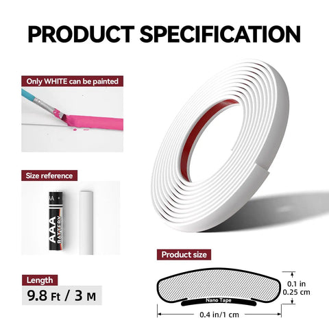 Self Adhesive Wall Molding Strips 9.8 Feet Long Flexible Pvc Border displayed with size reference and painting instructions.