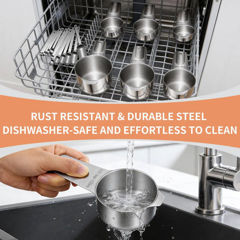 Stainless Steel Measuring Cups And Spoons Set With Nesting Square Design For Kitchen Includes 7 Cups And 7 Spoons Plus 5 Mini Spoons And 1 Leveler Durable 18 Zero Stainless Steel Gadgets For Cooking And Baking in dishwasher.
