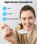 Woman holding spoonful of chewable ice, highlighting features of Nugget Ice Maker With Handle, 40 Lbs Per Day, Countertop Ice Maker Ready In 5 Minutes.