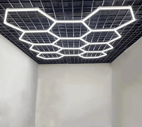 Hexagon LED Garage Light Kit for Workshop and Gym with Customizable Hexagonal Honeycomb Grid System Eight Honeycomb Modules 210W Hella Bright