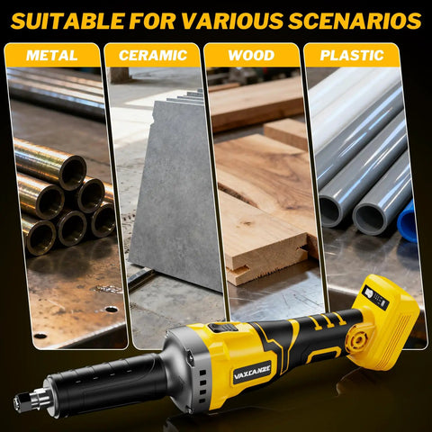 Heavy Duty Game Changer 1100W Brushless Cordless Die Grinder Compatible With DeWalt 20V Batteries Cranks 26K Rpm on metal, wood, and plastic surfaces.