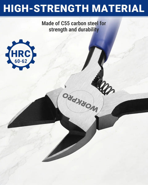 Six Piece Wire Cutters Set With Six Inch Precision Flush Cutters Plus Side Cutters showing C55 carbon steel flush cutter details.