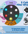 All In One Microscope Kit For Home Science Nerds And Curious Minds 40X To 2000X with 5 color filter wheel and specimen slides