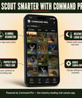 Cellular Trail Camera Bundle With Tree Mount Offering 36Mp Photos And 720P Video With A Hella Fast Trigger Speed Plus 80 Foot Night Vision For Serious Hunters Demanding Kickass App Controlled Game Viewing On LTE And Verizon Networks displayed on smartphone with AI features and remote control.