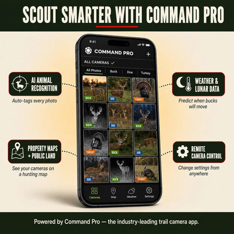 Cellular Trail Camera Bundle With Tree Mount Offering 36Mp Photos And 720P Video With A Hella Fast Trigger Speed Plus 80 Foot Night Vision For Serious Hunters Demanding Kickass App Controlled Game Viewing On LTE And Verizon Networks displayed on smartphone with AI features and remote control.
