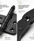 Close-up of Pack Of 2 5 Inch Black Wrought Iron Shed Door Hinges Antique Style Flush Mount Cast Iron Barn Door Hardware