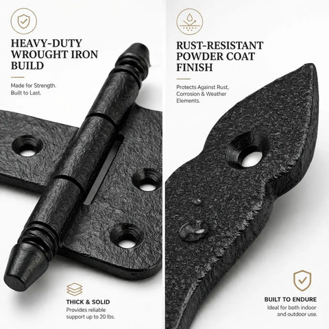 Close-up of Pack Of 2 5 Inch Black Wrought Iron Shed Door Hinges Antique Style Flush Mount Cast Iron Barn Door Hardware