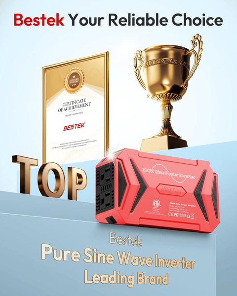 300W Pure Sine Wave Power Inverter For Road Trips, DC To AC 12V Converter highlighted with a trophy and certificate.