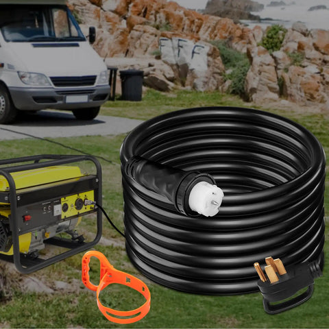 Road Ready 30 Foot 50 Amp Generator Extension Cord With Twist Lock Connectors pure copper power cable coiled near generator at campsite.
