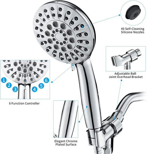 High Pressure 6 Function Shower Head Set With Handheld And 80 Inch Hose In Chrome Finish, Durable ABS Construction, Anti Leaks, Tangle Free Design, Easy Install, Includes Bracket, Rubber Washer, And Teflon Tape