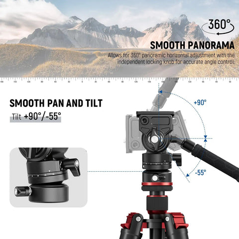 Heavy Duty Fluid Video Head With Adjustable Leveling Base And Arca Type Quick Release Plate Telescopic Grip showing smooth pan and tilt functionality.