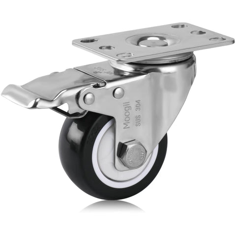 Rock Solid 3 Inch SUS304 Stainless Steel Caster Wheels With Precision Locking Brake Rust Proof Polyurethane Tread close-up view of heavy duty wheel and mounting plate.