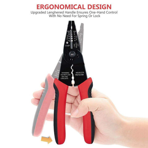 8 Inch Professional Wire Stripper and Crimping Tool for 10 to 22 AWG Solid Copper and Aluminum Cable in ergonomic hand grip