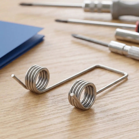 Heavy Duty Double Leg Torsion Springs For Trash Can Lid Repair Kit with 4 Coils Stainless Steel Garbage Bin Accessories Strong 130 Degree Angle Heavy Gauge Wire To Fix Stuck Lids Fast And Easy close-up on wood