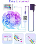 130 Ft Bluetooth LED Strip Lights For Bedroom With Music Sync, App Control, displaying remote, power adapter and app icons.