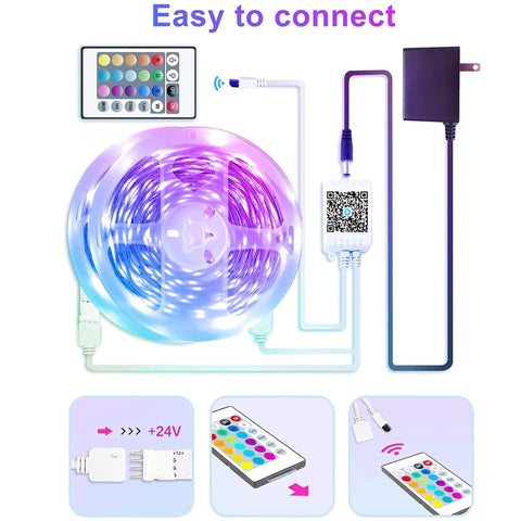 65.6 Ft Long LED Light Strip One Roll With Smart WiFi App Control, connectors, remote control, and power adapter.