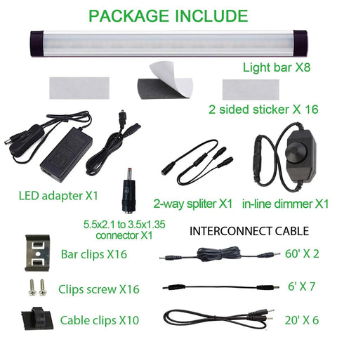 Package contents of LED Under Cabinet Lighting Kit With Dimmable Strip Lights Plug In For Kitchen Cabinets Countertops Closets And Bedroom 24W 8 Bar Kit 6000K Cool White In Line Dimmer Switch Easy Mounting, showing light bars, cables, adapters, and connectors.