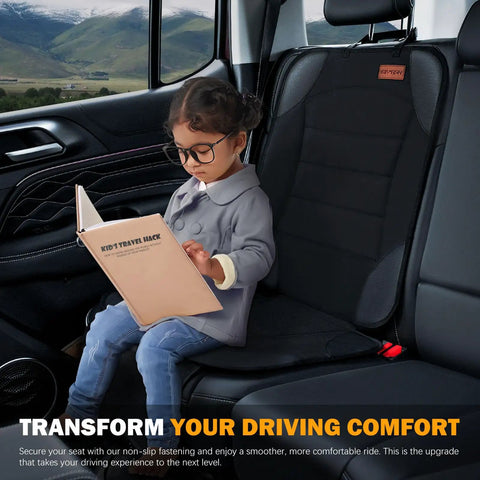Kid Friendly Car Seat Protector For Child Seats, Waterproof Seat Cover For Leather And Fabric Cars in back seat with child reading