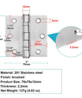 Six-pack 3x3 inch square door hinges, 201 stainless steel with brushed finish, ball bearing, 100 lb load