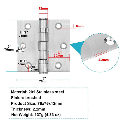 Six-pack 3x3 inch square door hinges, 201 stainless steel with brushed finish, ball bearing, 100 lb load