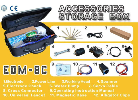 800W Portable Electrical Discharge Machining Tap Eroder accessories including electrodes, power line, spanner, and manual in storage box