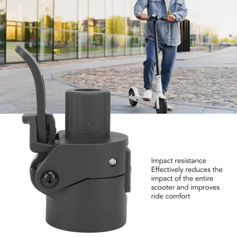 Folding Pole Base Upgrade For MI3 Electric Scooter Made From Premium Aluminum Alloy shown near a man riding a scooter