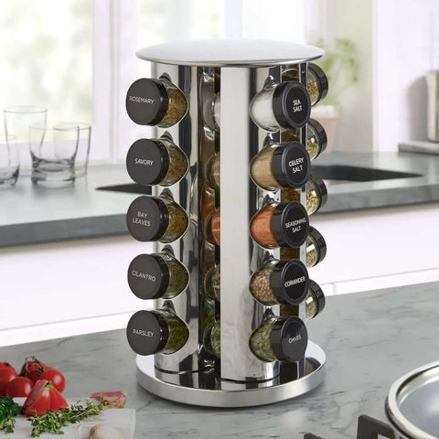 20 Jar Revolving Countertop Spice Rack With Pre Filled Glass Jars And Removable Sifter And Labeled Black Caps And Free Spice Refills For Five Years Polished Stainless Steel Easy Reach Kitchen Organizer For Fresh Flavor displayed on kitchen counter