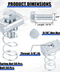 50 Piece 3/8-16 Spring Nut And Bolt Kit For Strut Channel Systems, showing bolt dimensions and hex head, electrogalvanized steel