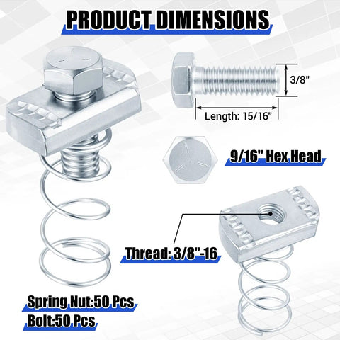50 Piece 3/8-16 Spring Nut And Bolt Kit For Strut Channel Systems, showing bolt dimensions and hex head, electrogalvanized steel