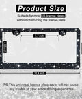 Diagram of Two Pack Bling License Plate Frame For Women, Rhinestone Crystal Embellished Premium Stainless Steel Car Accessory With Diamond Glitter Caps, Black Finish, Fits Any Standard US Plate, showing dimensions.