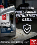 Ultra Low Viscosity Full Synthetic ATF For Dexron ULV Mercon ULV Nissan Matic P JATCO container on workbench