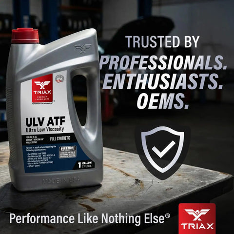 Ultra Low Viscosity Full Synthetic ATF For Dexron ULV Mercon ULV Nissan Matic P JATCO container on workbench