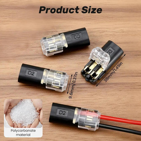No Tools Quick Connect Wire Connectors 2 Pin Double Wire Plug In With Locking Buckle Flame Retardant Lock Strip Connector 18-22 AWG shown