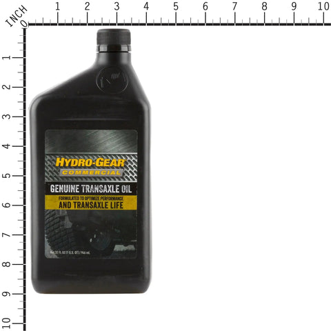 Commercial Transaxle Transmission Oil Quart Case Of 12 Quarts For Heavy Duty Drive System Cleanliness And And Pro Grade Protection Against Wear And Corrosion In Tough Operating Conditions. Black Hydro-Gear transaxle oil bottle on measurement grid