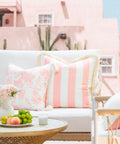 Coastal Stripe Pillow Cover 20x20 For Indoor Outdoor Use Water Repellent Polyester Front White With Blush Pink Stripes on couch