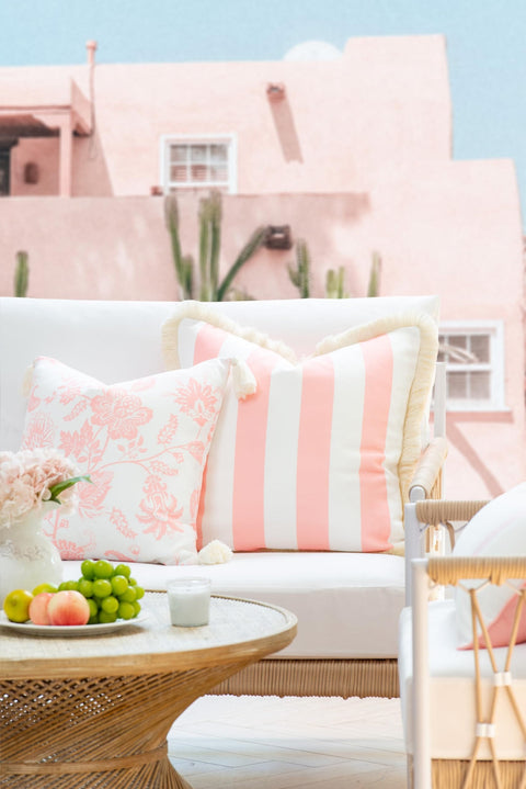 Coastal Stripe Pillow Cover 20x20 For Indoor Outdoor Use Water Repellent Polyester Front White With Blush Pink Stripes on couch