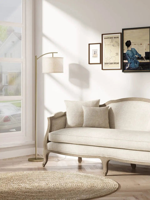 Brass Gold Floor Lamp With Linen Beige Shade, 3CCT 3000K 4500K 6500K Adjustable Color Temperature in cozy living room