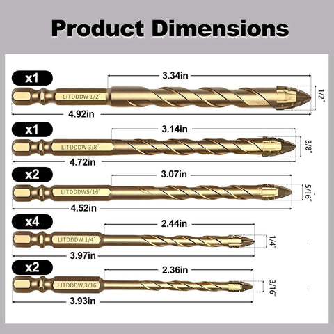 LITDDDW 10-piece masonry drill bit set with gold-tone carbide bits, sizes 3/16–1/2 in.