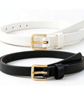 Fresh 4 Pack Skinny Belts For Women Soft Pu Leather Thin Waist Belt With Shiny Gold Buckle in black and white, showing gold buckles.