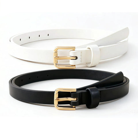 Fresh 4 Pack Skinny Belts For Women Soft Pu Leather Thin Waist Belt With Shiny Gold Buckle in black and white, showing gold buckles.