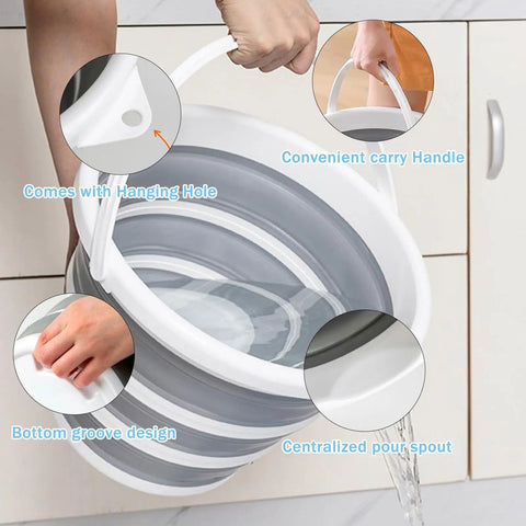 Two Pack Collapsible Buckets 2.6 Gallon Capacity, heavy duty portable pails shown with handle, hanging hole, and pour spout.