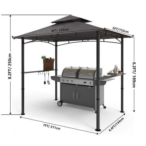 8 By 5 Foot Outdoor Grill Gazebo With Double Tier Canopy And LED Light, BBQ Party Shelter, Rustproof Steel Frame, Gray