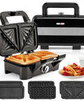3 In 1 Sandwich Maker Waffle Maker With Removable Plates And Panini Press, 1200W, showing toasted sandwiches and waffle plate