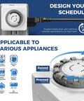 Must Have Indoor Mechanical Timer Portable LED Work Light And Extension Cord Organizer Bundle For Home Office Garage And Studio Easy 24 Hour Timer Bright Portable Light And Cable Organizer To Tidy Up Your Power Setup, showing programmable timer and appliance icons