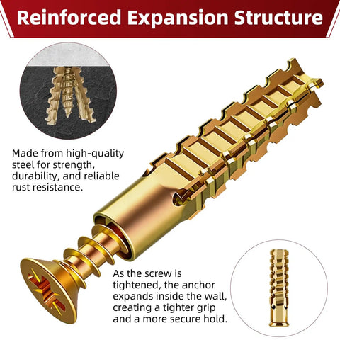 Heavy Duty Expansion Anchors And Screws For Door Hinge Repair With Tough As Nails Grip Plug Set For Drywall Concrete Plaster Wood Multi Surface Fastening And Wall Hardware Kit For Any Home Project showing reinforced steel structure.