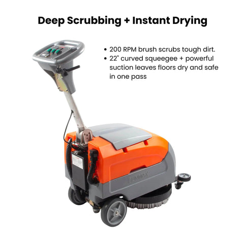 Beast 17 Inch Walk Behind Floor Scrubber Machine With 19,000 Sq Ft Per Hour Cleaning Power, Fast 2.5 Hour Charge, Up To 2.5 Hour Run Time, 7.9 To 9.2 Gallon Tanks, Commercial Hard Floor Cleaner For Busy Floors side view.