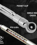 Milton S-921 pencil tire pressure gauge with built-in deflator; silver metal body, pocket clip, PSI/kPa scale